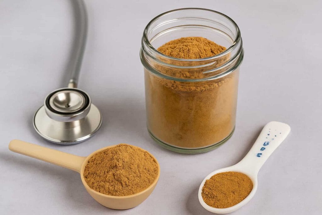Mushroom Powder for Daily Energy and Focus in a glass jar with wooden spoon
