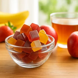 Assorted mushroom gummies in a glass bowl with fruits and tea, symbolizing health benefits and natural energy