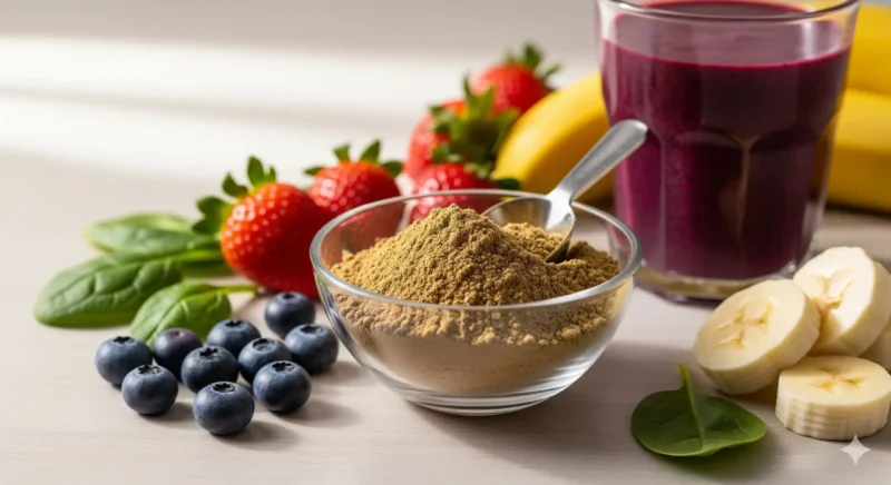 How to use mushroom powder in smoothie with fresh fruits like banana, strawberries, and blueberries for a healthy drink