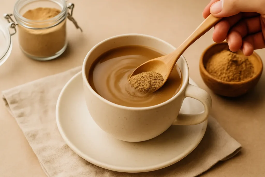 Cup of coffee with mushroom powder being added by spoon, illustrating mushroom powder side effects and safety in daily use