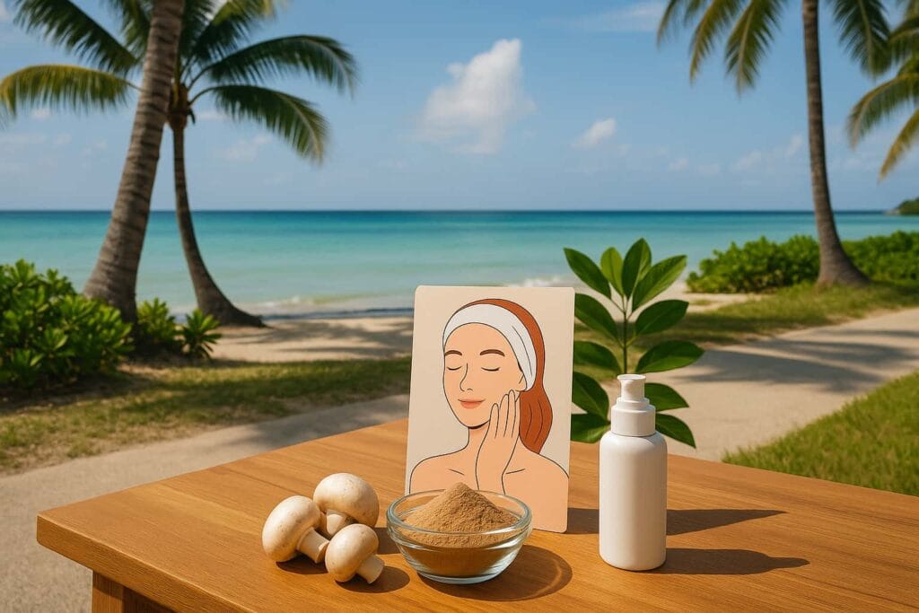 Mushroom powder skincare with natural beauty products by the beach