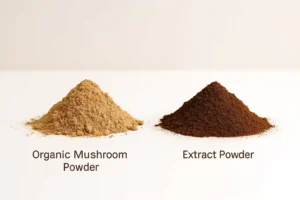Organic mushroom powder vs extract powder shown side by side in natural supplement packaging
