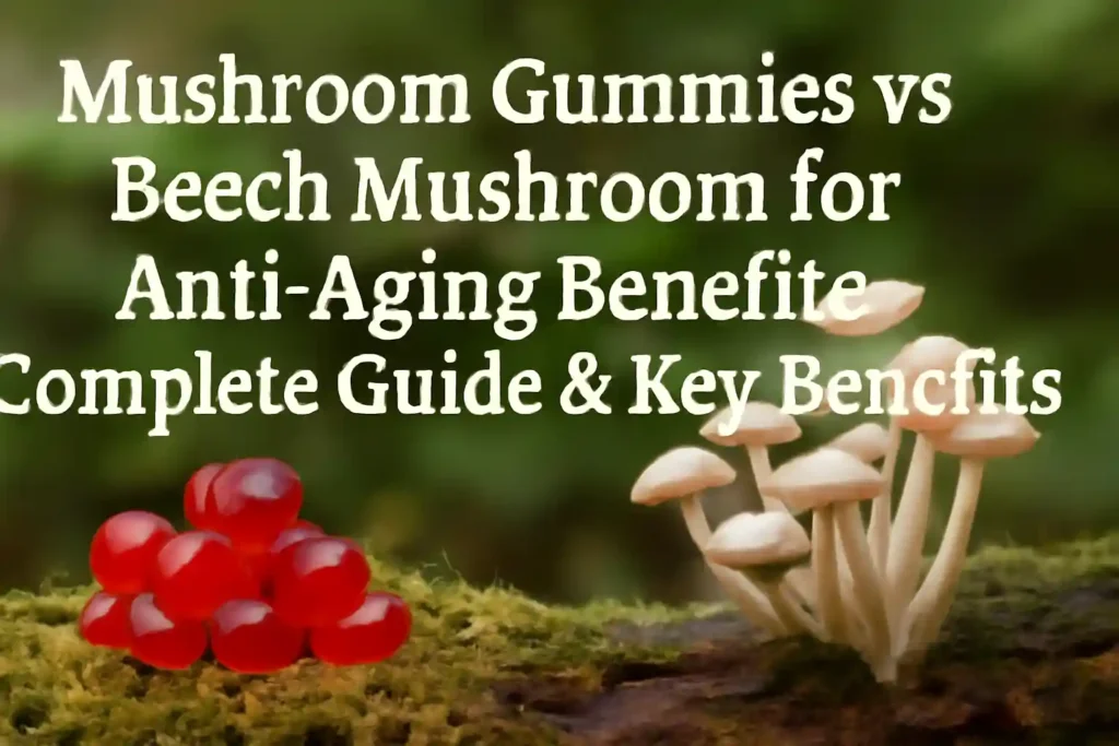 Comparison of Mushroom Gummies vs Beech Mushroom for Anti-Aging Benefits illustrating the natural ways these options enhance skin vitality and promote youthfulness, highlighting their benefits for anti-aging.