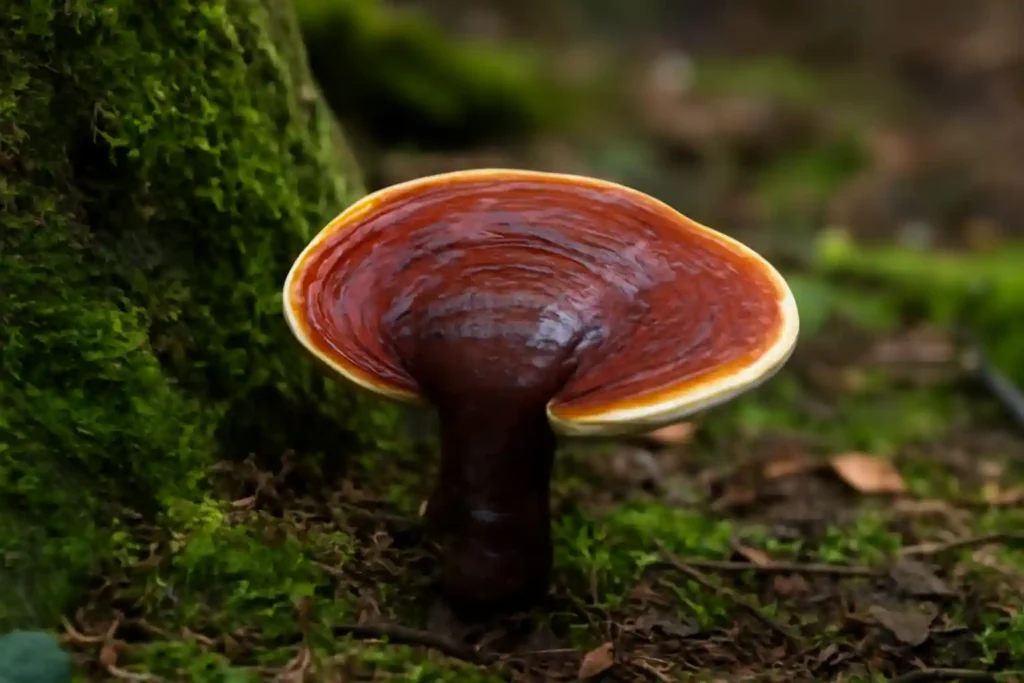 Fresh Reishi mushroom growing in the forest, symbolizing the natural benefits of Reishi Mushroom for Reducing Fatigue and boosting energy levels.