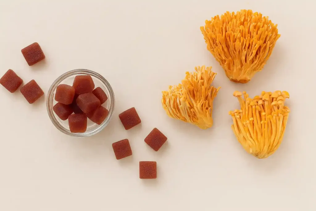 Mushroom Gummies vs Coral Mushroom for Skin Rejuvenation shown side by side to highlight natural skin benefits.