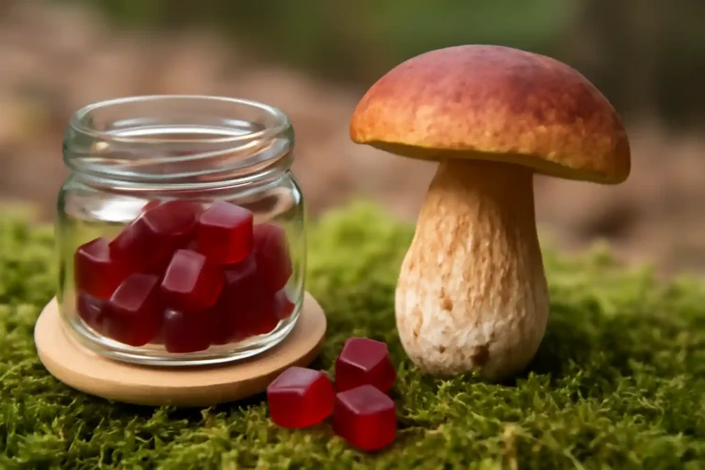 Mushroom gummies in a glass jar beside Bolette mushroom, illustrating the benefits of Mushroom Gummies vs Bolete Mushroom for Immune Health and overall wellness.