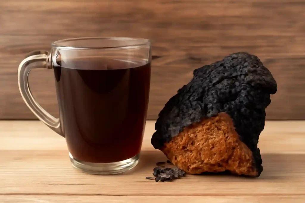 A cup of Chaga mushroom tea for liver detox placed beside a raw Chaga chunk on a wooden table, natural warm light.