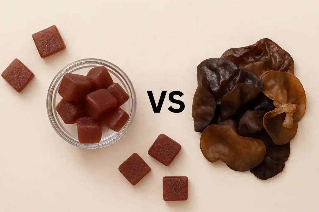 Mushroom Gummies vs Wood Ear Mushroom for Digestion comparison showing both ingredients that support healthy gut function.