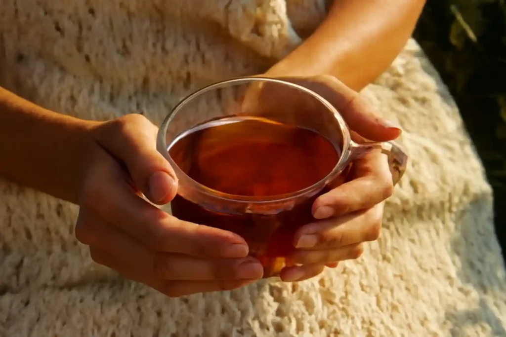 A woman holding a warm cup of Chaga tea for skin health and glow, symbolizing natural beauty and relaxation.