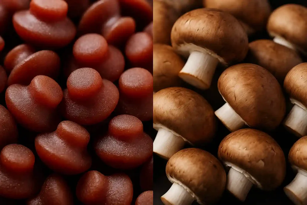 Mushroom Gummies vs Agaricus Mushroom for Cholesterol Reduction shown together to highlight heart-healthy benefits.