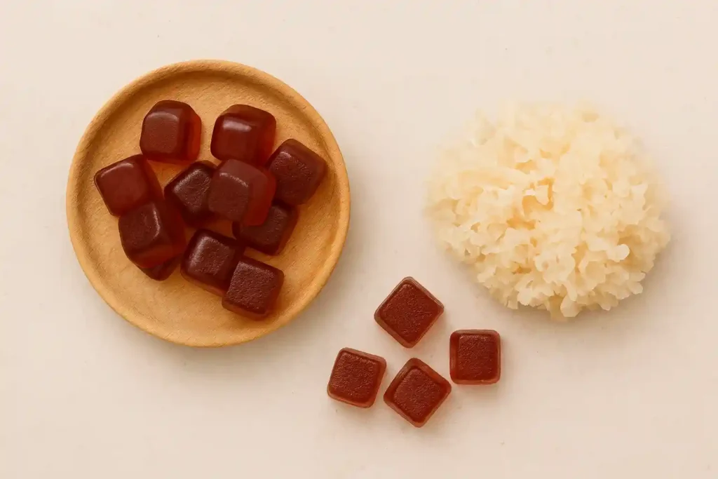 A clean flat lay showing red mushroom gummies next to a white Tremella mushroom, visually representing Mushroom Gummies vs Tremella Mushroom for Skin Health and Hydration and their natural benefits for glowing, hydrated skin.