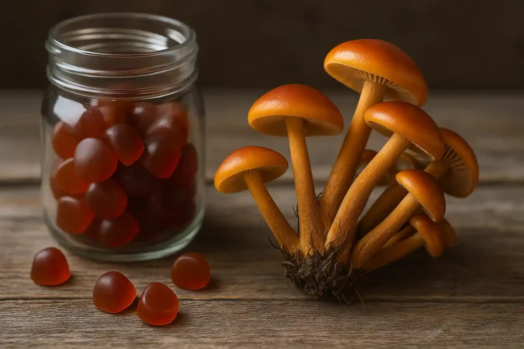 Mushroom Gummies vs Velvet Foot Mushroom for Cognitive Enhancement" – a detailed comparison image showing colorful mushroom gummies and natural velvet foot mushrooms symbolizing brain health and cognitive support.