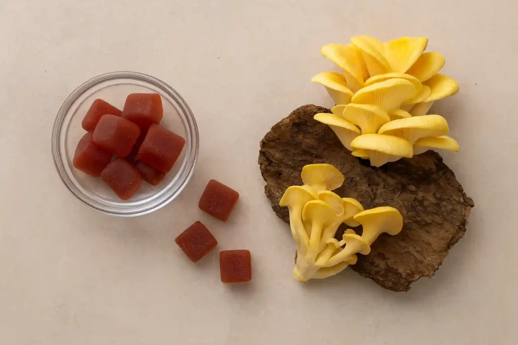 Mushroom Gummies vs Golden Oyster Mushroom for Weight Loss shown together to illustrate natural slimming benefits.
