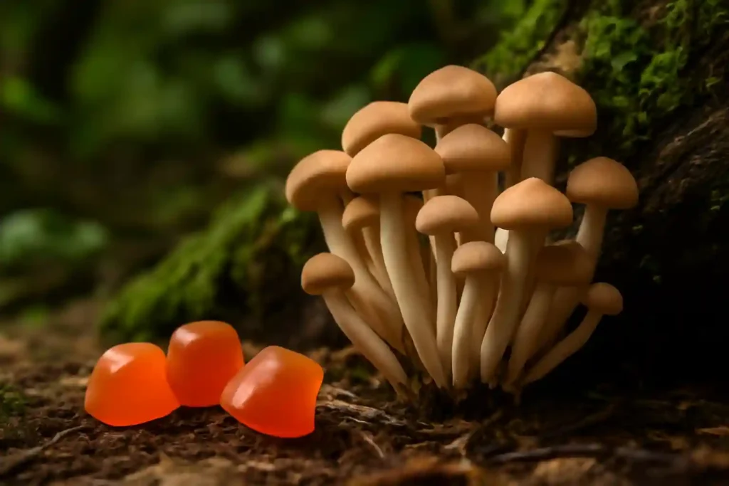The image is showing a comparison between Mushroom Gummies vs Shimeji Mushroom for Immune System Support. It displays gummy supplements alongside Shimeji mushrooms. The focus keyword is integrated in the snippet: Mushroom Gummies vs Shimeji Mushroom for Immune System Support. This visual is suitable for a blog or article discussing how these options help boost immune health naturally.