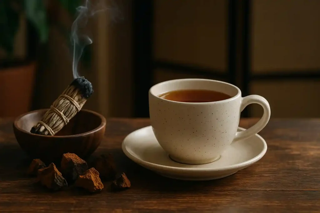 A warm cup of Chaga tea detox benefits placed beside raw chaga chunks on a wooden table, symbolizing natural cleansing.