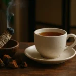 A warm cup of Chaga tea detox benefits placed beside raw chaga chunks on a wooden table, symbolizing natural cleansing.