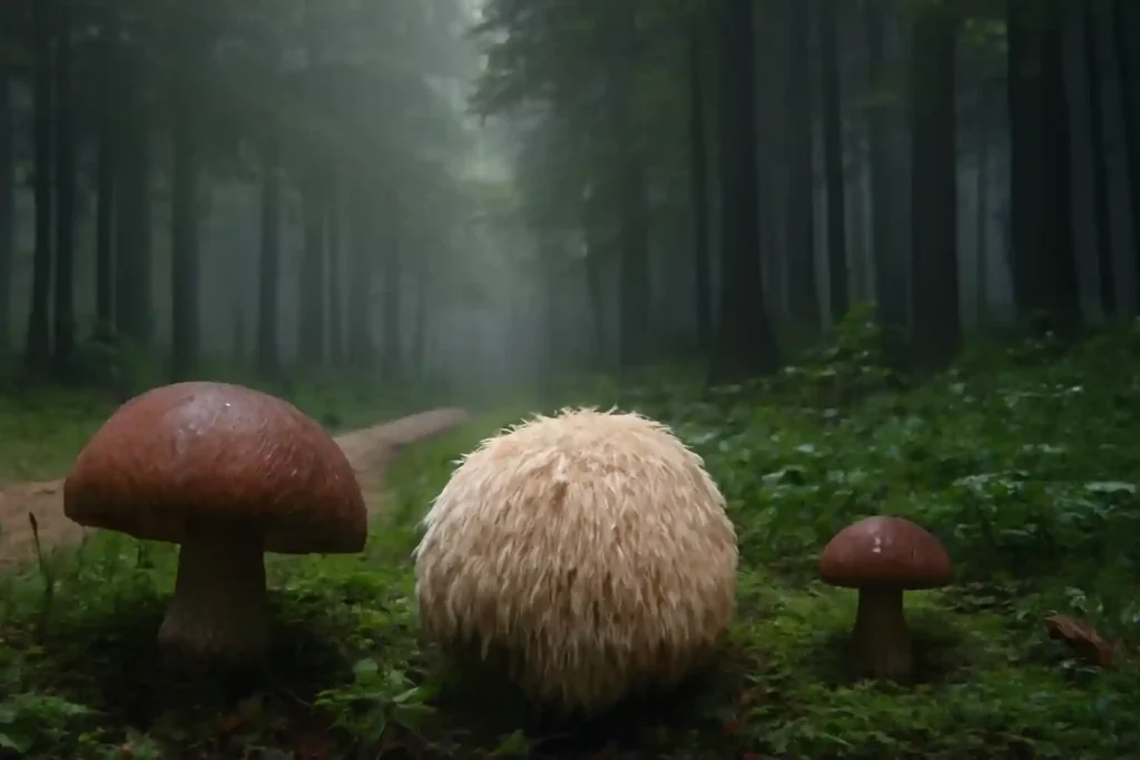 A serene and foggy forest scene featuring three wild mushrooms, including a cream-colored Lion's Mane mushroom, symbolizing the calming and cognitive-enhancing properties of Lion's Mane Mushroom Gummies for cognitive health. The image evokes a tranquil atmosphere of nature, perfect for promoting cognitive wellness