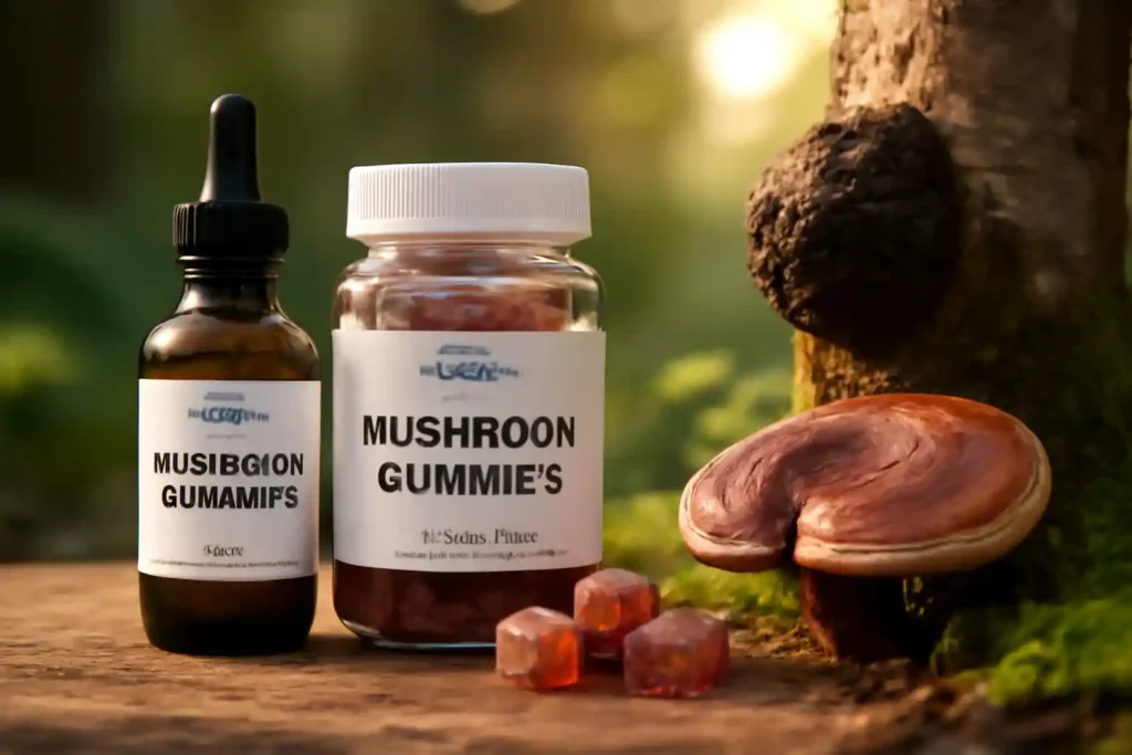 Mushroom gummies vs mushroom tinctures for health benefits displayed on a wooden surface with natural light, symbolizing wellness and vitality.
