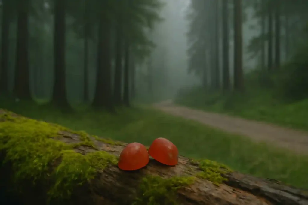 Reishi mushroom gummies benefits resting on a moss-covered log in a misty forest, highlighting their contrast against the lush greenery. A calming, nature-filled atmosphere that conveys the benefits of Reishi mushroom gummies for wellness.