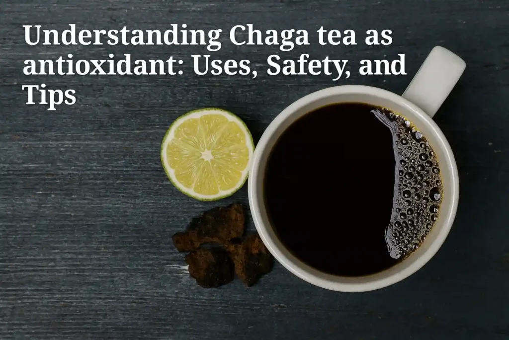 Chaga tea as antioxidant served with lemon and chaga chunks on a wooden table, symbolizing natural detox and immune support.