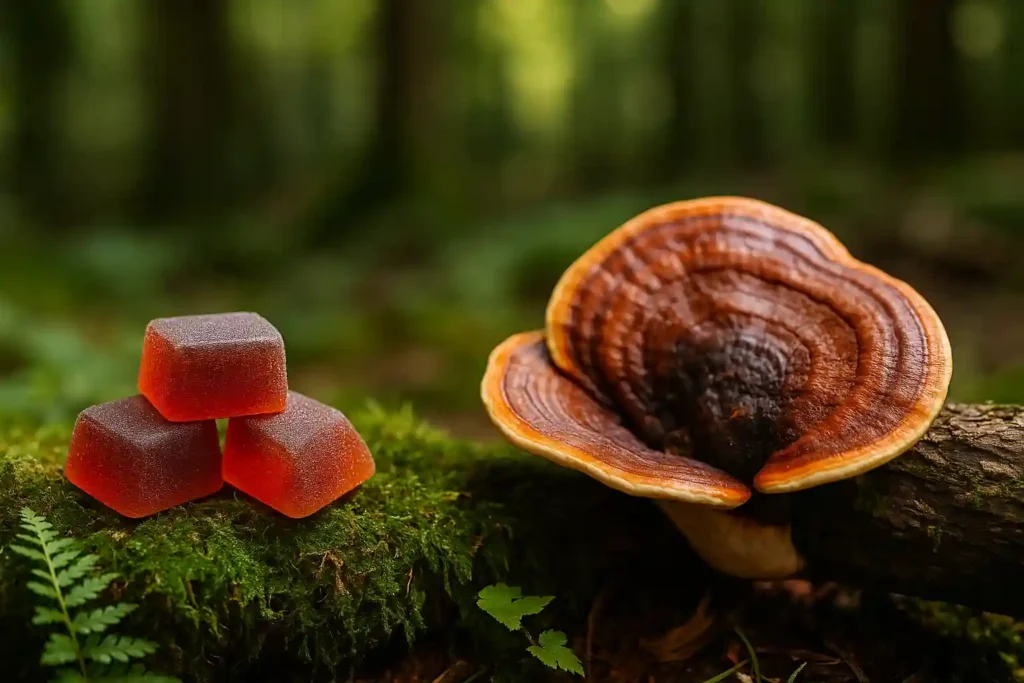 Glass jar of red mushroom gummies beside a Polypore mushroom on a forest background, representing Mushroom Gummies vs Polypore Mushroom for Stress Relief and their calming adaptogenic benefits.