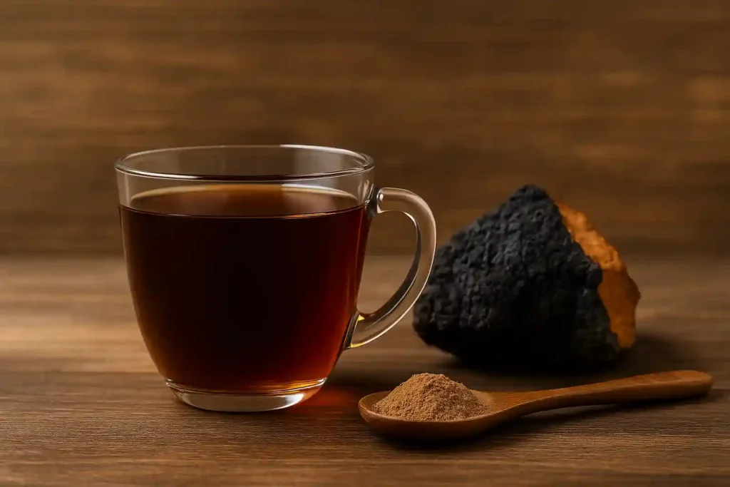 "Chaga tea for stomach benefits shown by a clear glass mug of chaga tea beside chaga mushroom and powder on a wooden surface, clean and natural composition."