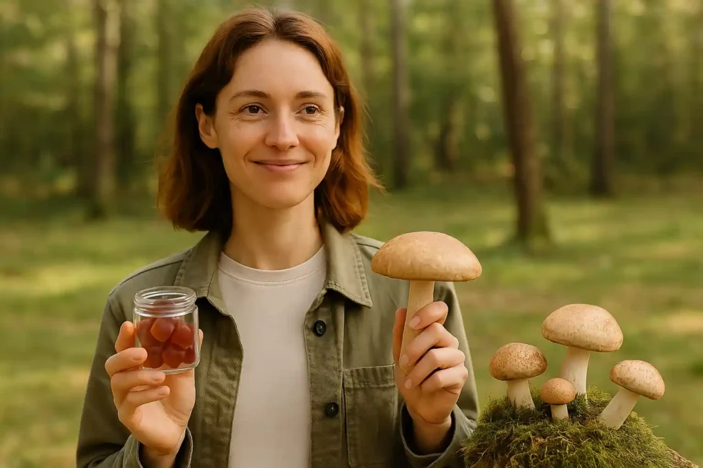 A natural photo showing Mushroom Gummies vs Agaricus Blazei Mushroom for Cancer Prevention, illustrating their potential health and wellness benefits in a bright, natural setting.