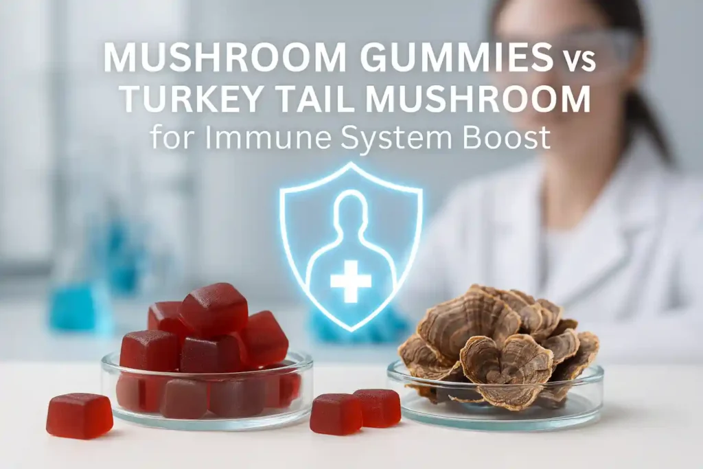 A laboratory comparison of Mushroom Gummies vs Turkey Tail Mushroom for Immune System Boost, showing natural supplements and research setup highlighting their immune health benefits.