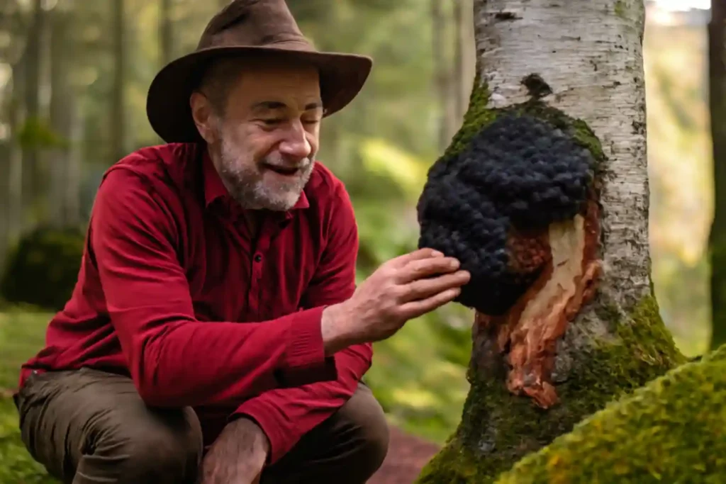 An older man in a red fleece crouches in a sunlit forest, gently touching a Chaga mushroom on a birch tree. The image beautifully highlights the natural environment where Chaga mushrooms thrive, symbolizing the Chaga mushroom gummies for immunity boost and their connection to the natural, powerful benefits for overall health and wellness."