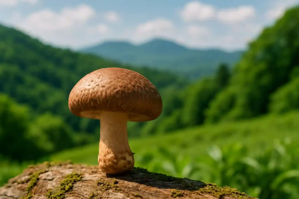 Fresh organic mushroom growing in a lush green mountain landscape, representing the natural ingredients used in Mushroom Capsules for Maintaining Healthy Blood Pressure.