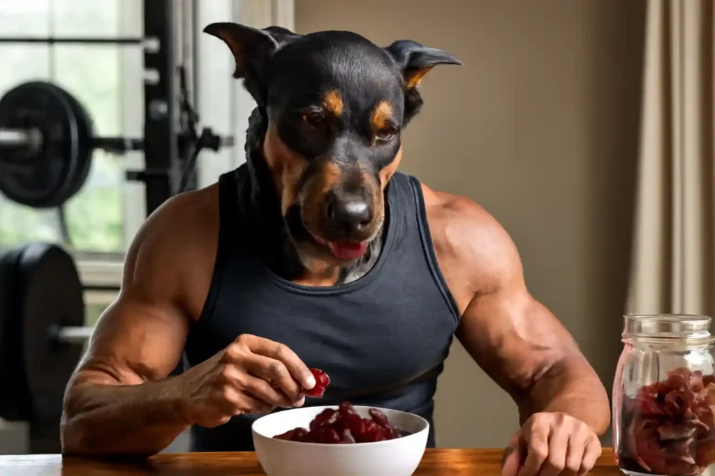 A muscular Doberman Pinscher in a bright home gym, enjoying deep red protein gummies from a bowl. The dog is seated at a natural wood table, showing off its strong physique and healthy lifestyle. This scene highlights the Benefits of Mushroom Gummies for Overall Health, promoting physical fitness and wellness in a fun and unique way