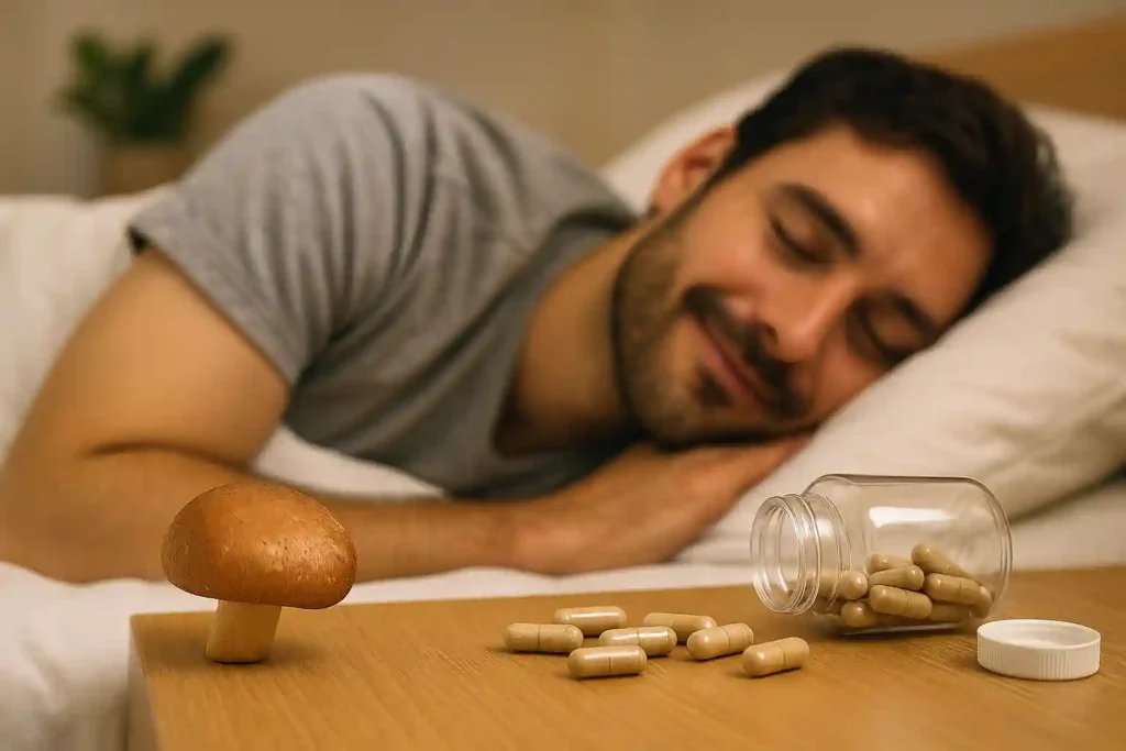 Man peacefully sleeping beside a table with mushroom and spilled capsules, representing the relaxing and restorative effects of Mushroom Capsules for Better Sleep.