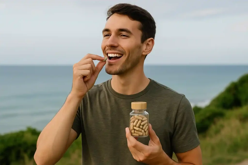Smiling man holding a bottle of natural supplements and taking a capsule outdoors, representing the vitality and heart support benefits of Mushroom Capsules for Heart and Cardiovascular Health.