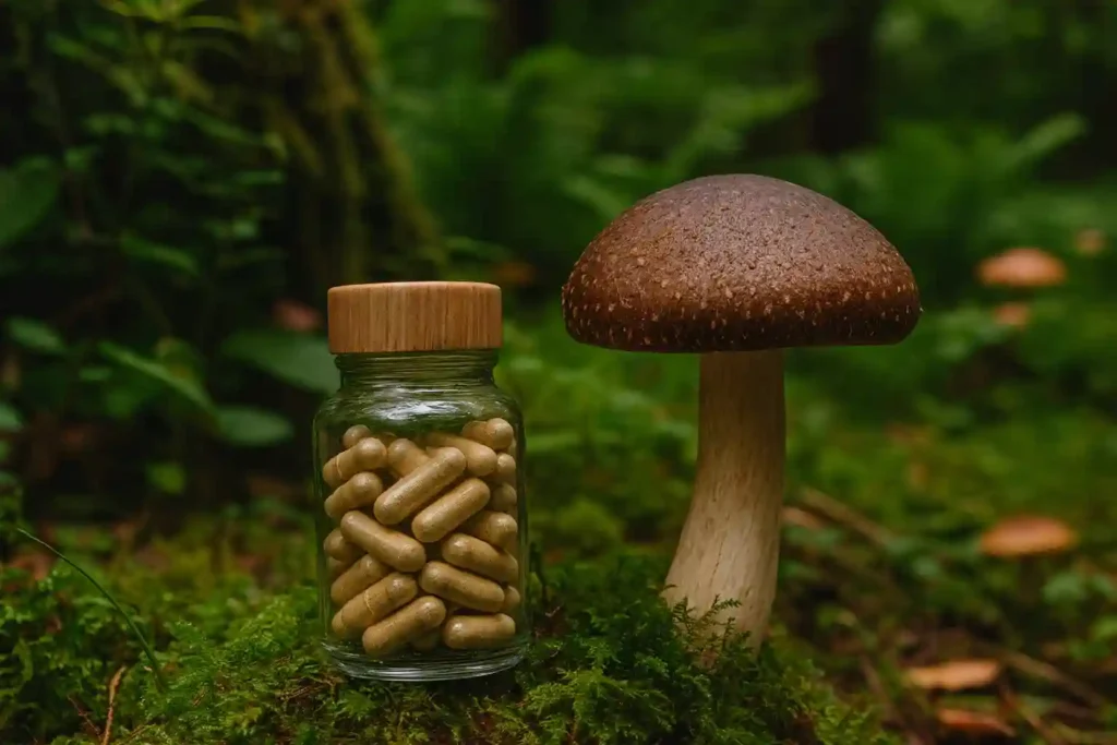 Natural mushroom beside a glass jar of herbal capsules in a green forest, symbolizing the detoxifying benefits of Mushroom Capsules for Liver Detox and Cleansing.
