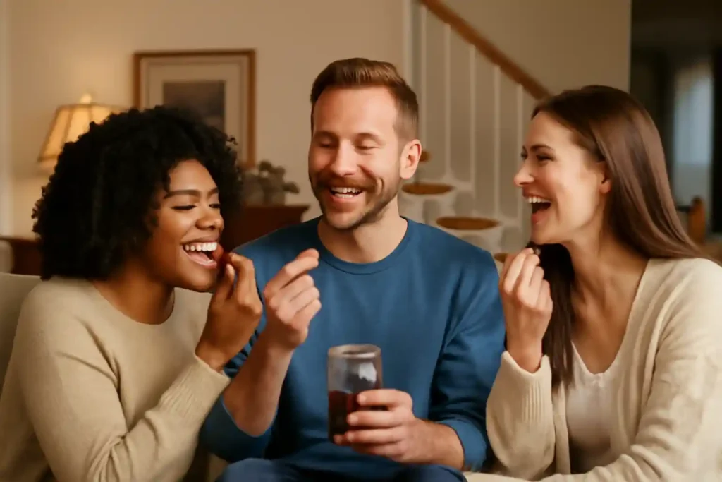 Three friends enjoying Mushroom Gummies for Focus, gathered together in a cozy living room, laughing and sharing a fun moment. The image showcases the joy of using mushroom gummies for focus for beginners, promoting cognitive enhancement in a relaxed, natural setting