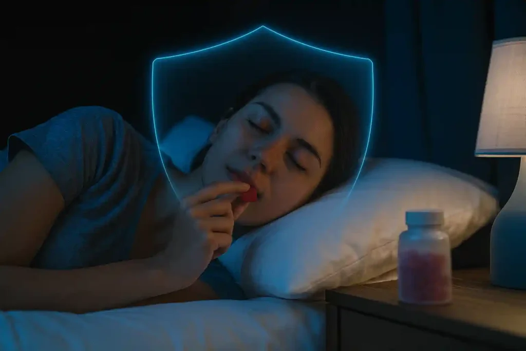 A peaceful woman sleeping comfortably beside a jar of mushroom gummies for sleep, symbolizing relaxation and natural rest support.