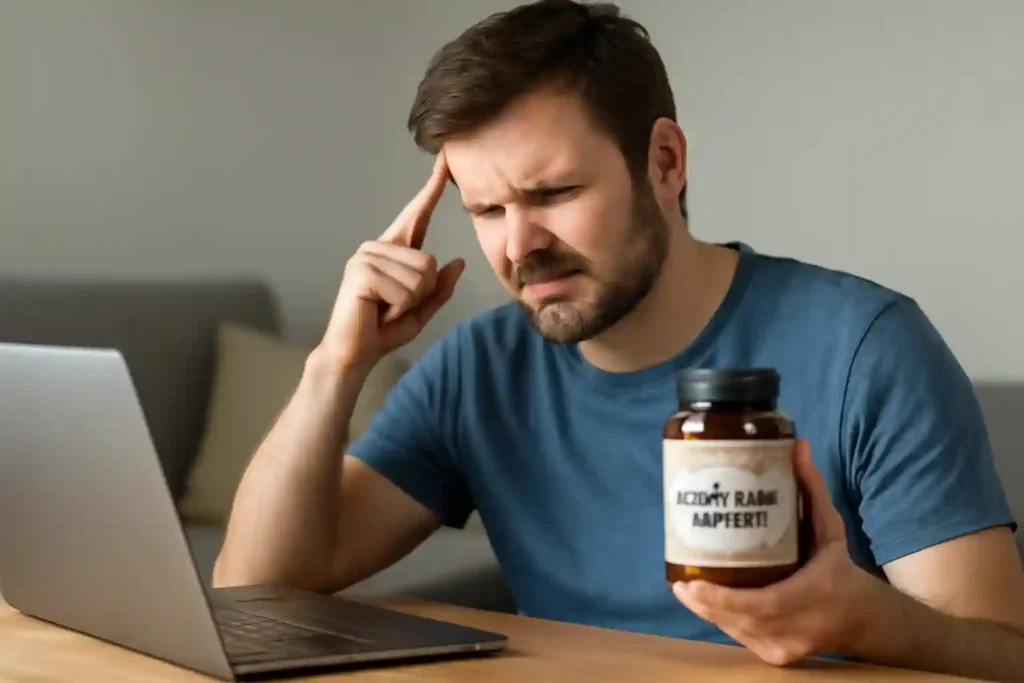 stressed young man sitting at a desk with a jar of best mushroom gummies for stress relief in his hand, offering a natural remedy to combat stress and improve relaxation. The image depicts how mushroom gummies for stress relief can be an effective, calming addition to your routine