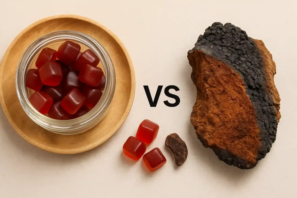 A clear comparative image showing red mushroom gummies placed in a glass bowl on one side and a raw Chaga mushroom piece on the other, visually representing Mushroom Gummies vs Reishi Mushroom for Stress Relief, symbolizing the contrast between modern supplements and natural remedies for relaxation and well-being.