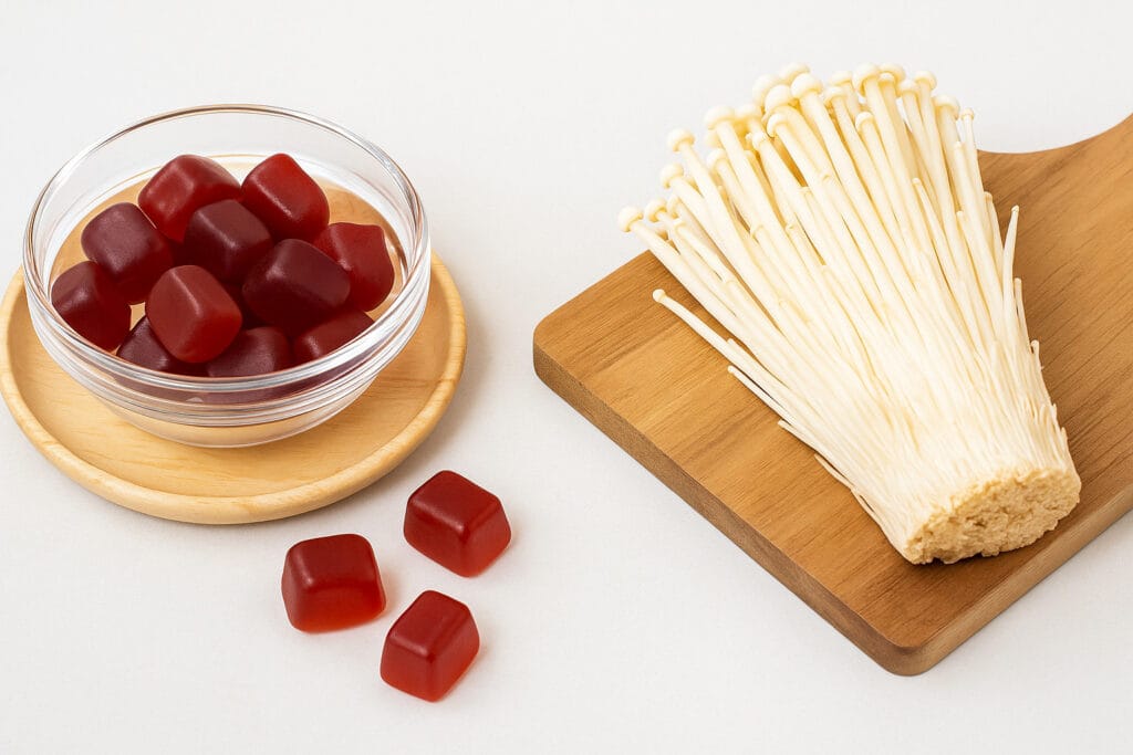 A clear horizontal image showing Mushroom Gummies vs Enoki Mushroom for Gut Health, featuring red gummies beside fresh white enoki mushrooms on a clean background to illustrate their digestive wellness benefits naturally.