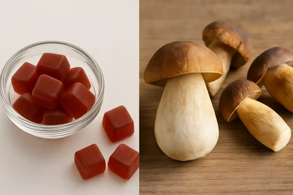 Visual comparison between mushroom gummies in a glass bowl and fresh porcini mushrooms on a wooden table, illustrating the nutritional differences in Mushroom Gummies vs Porcini Mushroom for Nutritional Value.