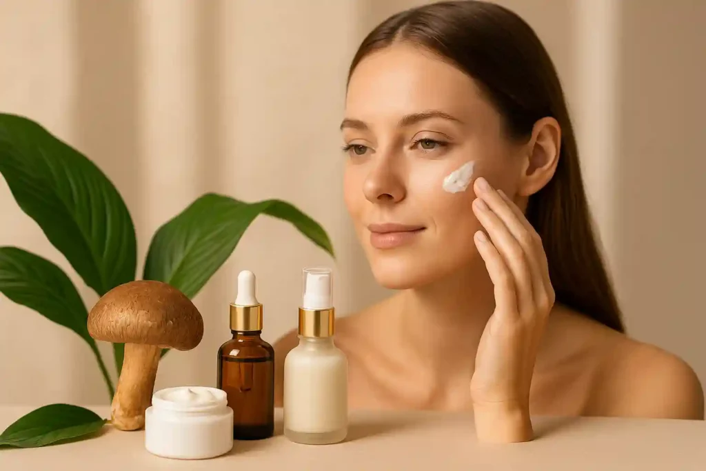 Woman applying natural skincare cream beside cosmetic bottles and mushroom, representing the rejuvenating effects of Mushroom Capsules for Skin Rejuvenation