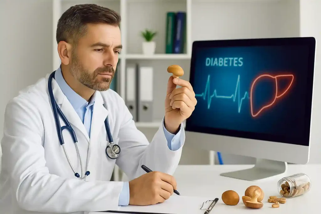 Doctor examining a medicinal mushroom with diabetes chart in the background, illustrating the natural benefits of Mushroom Capsules for Blood Sugar Regulation.