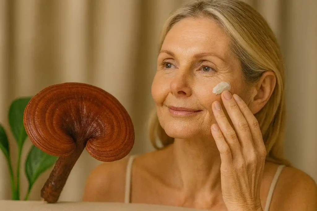 Mature woman applying anti-aging cream beside Reishi mushroom, representing the rejuvenating and skin-firming effects of Reishi Mushroom for Anti-Aging Benefits.