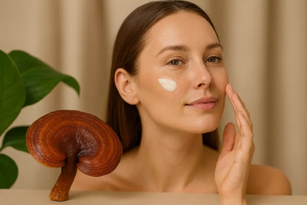 Woman applying natural skincare cream beside Reishi mushroom, illustrating the rejuvenating and beauty benefits of Reishi Mushroom for Skin Health.