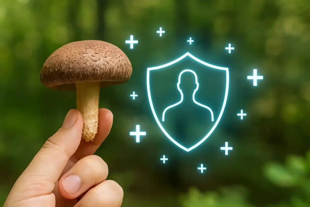 A hand holding a shiitake mushroom in a forest background with a glowing immunity shield icon, symbolizing the health benefits of Shiitake Mushroom for Immune Support.