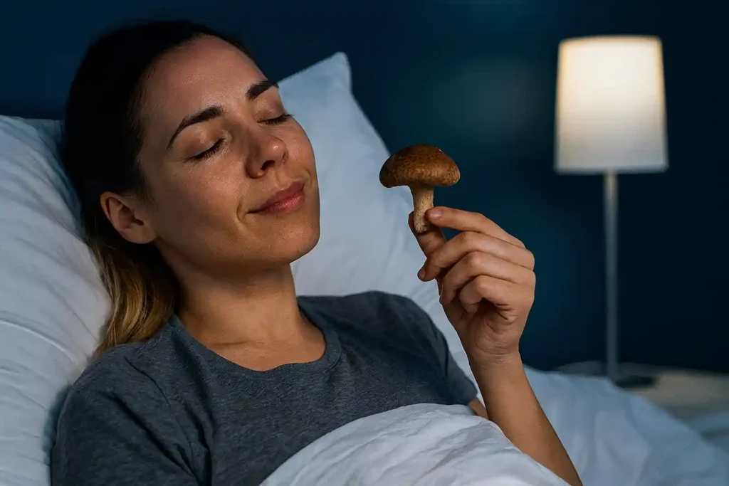 A woman resting peacefully in bed holding a shiitake mushroom, symbolizing the natural benefits of Shiitake Mushroom for Improving Sleep and relaxation.