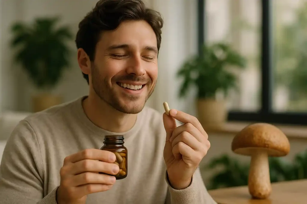 Smiling man holding a bottle of natural supplements with a mushroom on the table, representing the Therapeutic Uses of Mushroom Capsules for immunity, stress relief, and overall wellness.