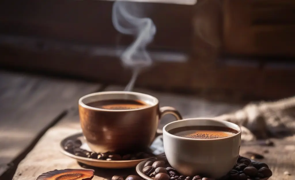 A steaming cup of reishi mushroom coffee on a rustic wooden table surrounded by fresh reishi mushrooms and coffee beans