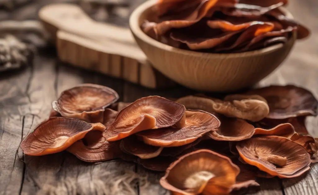 A close-up of dried reishi mushroom slices alongside a measuring spoon on a wooden table, illustrating the concept of reishi mushroom dosage.