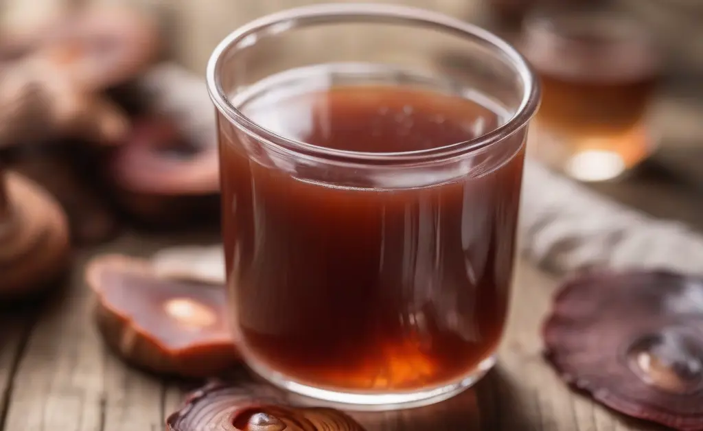A clear glass cup filled with warm reddish-brown reishi mushroom drink on a wooden table surrounded by dried reishi mushroom slices and a neutral background